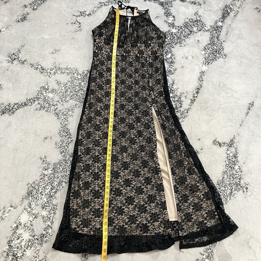 R&M Richards Lace Pleated Halter Dress Women Size Black Beige Formal Midi Slit - Picture 4 of 10